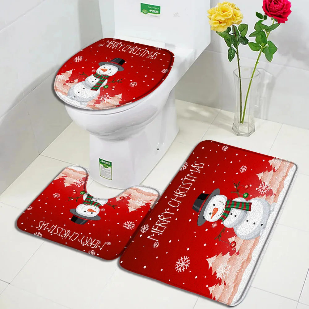 Red Christmas Bath Mat Set Cute Snowman Snowflake Blue Rope Ball Xmas Tree Winter Home Bathroom Decor Floor Rug Toilet Lid Cover