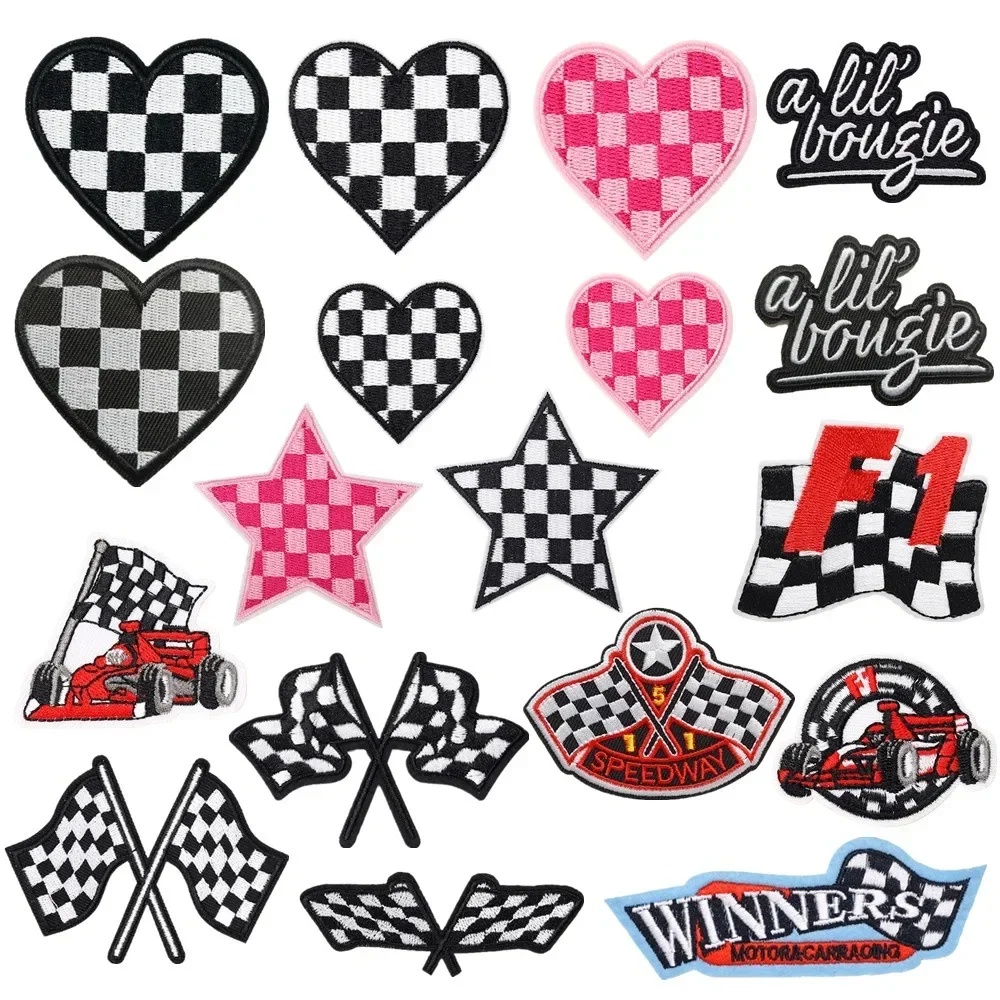 Chequered Flag Embroidery Patches Racing Motor Winner Badge Gran Prix Emblem Cloth Sticker Speedway Logo Appliques for Jacket