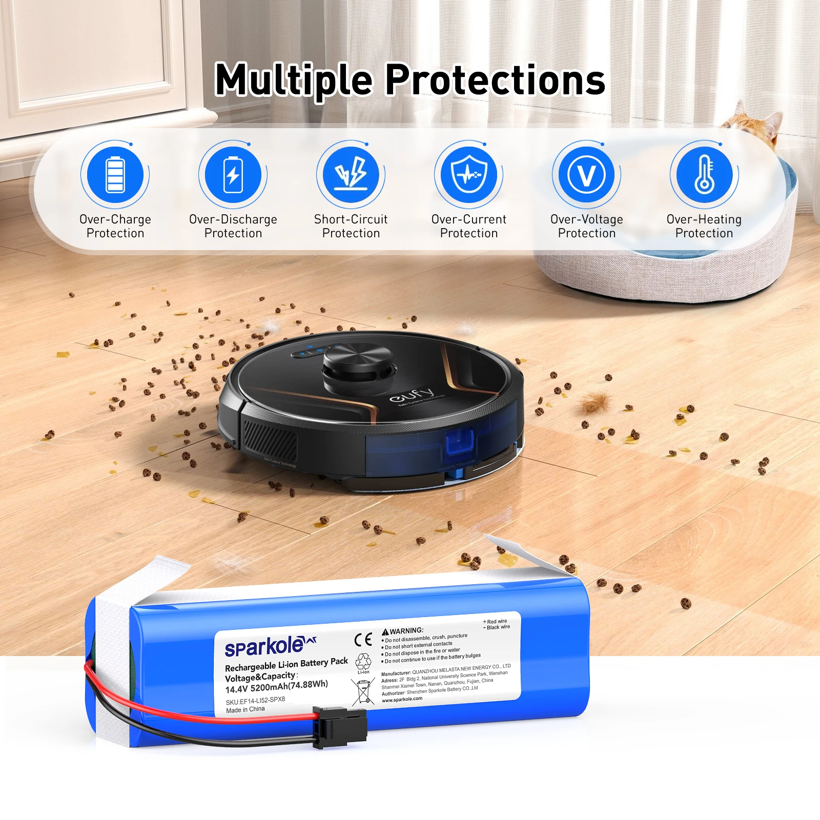 Batería de repuesto de iones de litio Sparkole, 14,4 V, 5200mAh, para Robot aspirador Eufy RoboVac X8 Series X8 Hybrid RoboVac X8 T226X