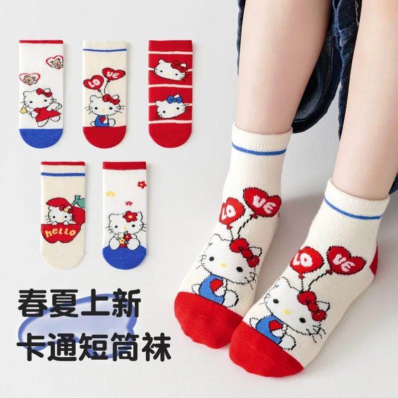 5Pairs Kawaii Cartoon Baby Socks Sanrio Hello Kitty New Spring Summer Short Socks Cute Cotton Breathable Thin Socks for Children