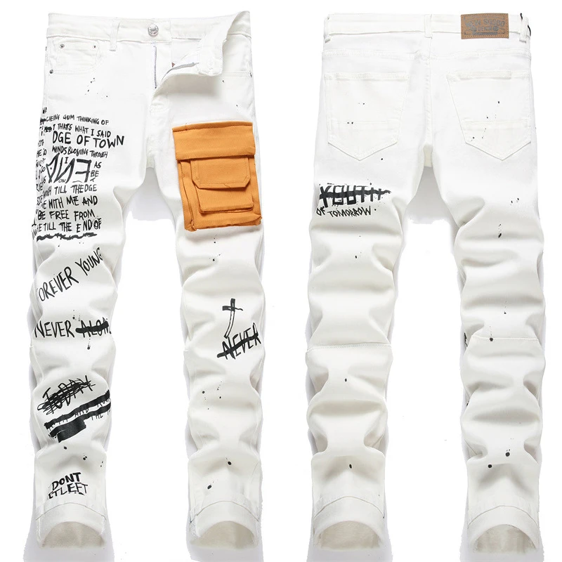 2024 new Pure white men's printed jeans organ bag trend stretch slim casual pants with men's pants