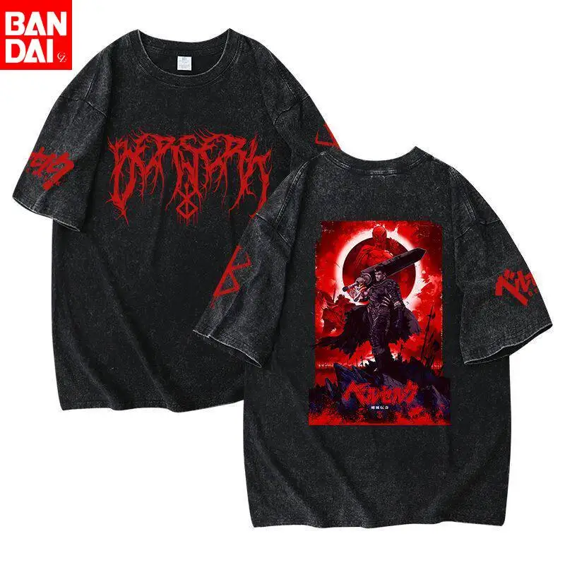 T-shirt vintage délavé Berserk Guts Red Eclipse avec logo Black Metal, collection été 2026, streetwear oversize, tee-shirt graphique anime pour hommes et femmes