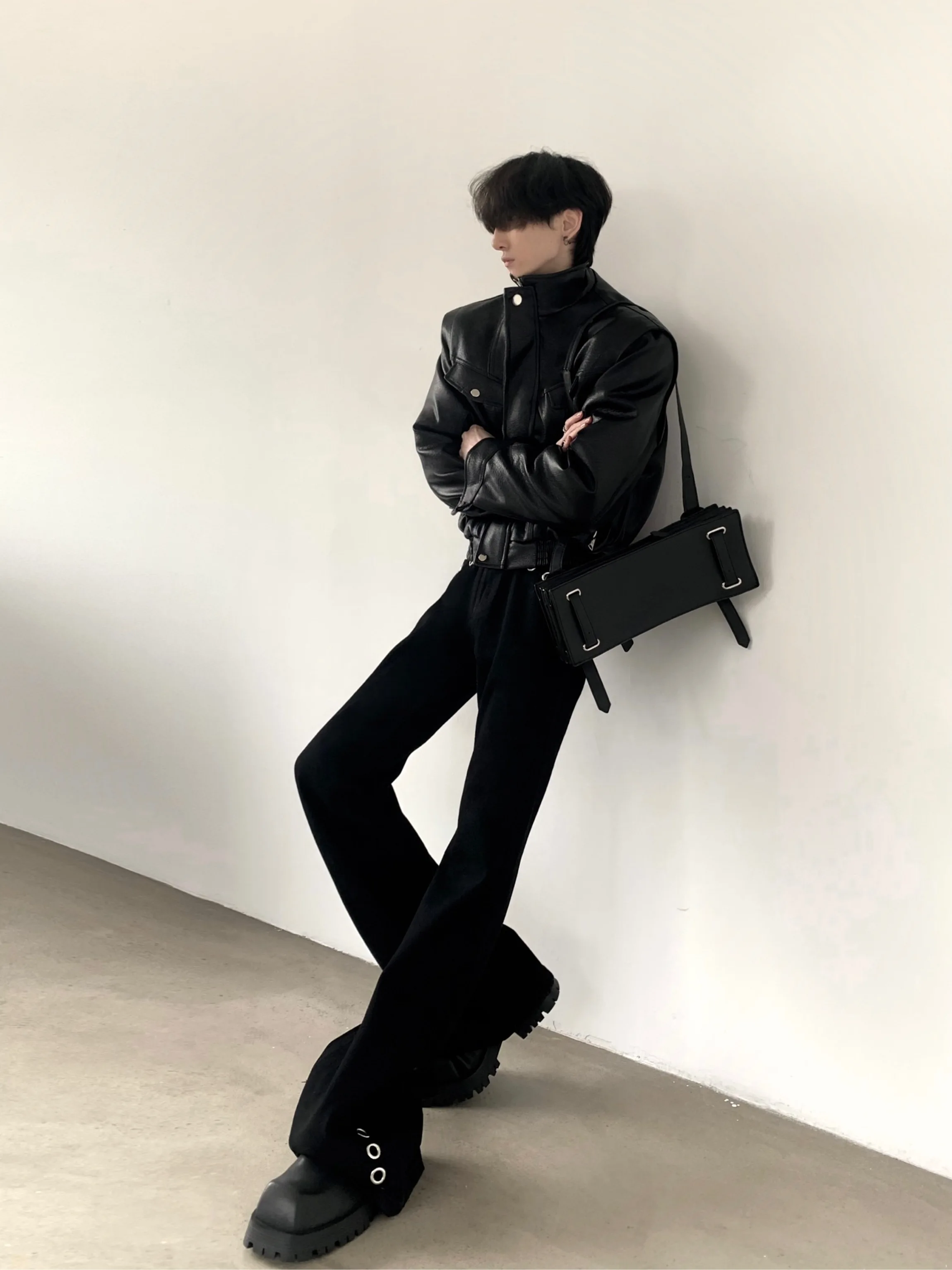 Black Biker Leather Jacket Men's Thickened Winter Coat Punk Style Loose Fit Metal Decorations Long Sleeve Short Length Zipper...