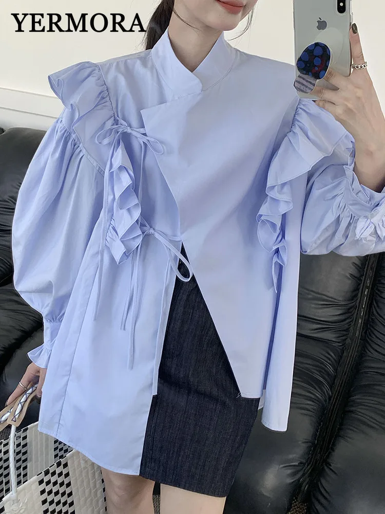 

YERMORA синяя асимметричная блузка на шнуровке с оборками для женщин, свободная новая рубашка с воротником-стойкой и длинными рукавами, модная весна-осень 2025