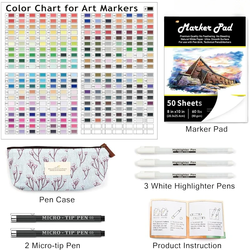 2025 280 Colors Dual Tip Alcohol Based Art Markers, White Highlighter Pens, Marker Bag with Holders for Kids Adult Coloring