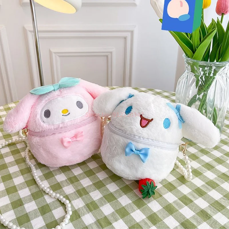 2024 Miniso Nieuwe Sanrio Mini Parel Ketting Diagonale Kleine Emmer Tas Schattige Melodie Hello Kitty Pluche Tas Japanse Geld Opbergtas