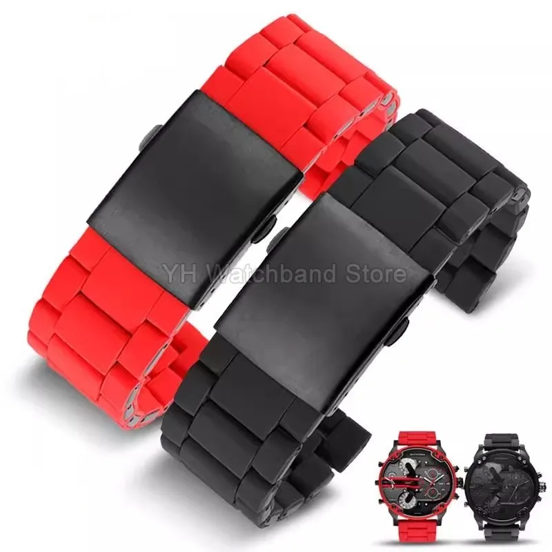 حزام ساعة من الفولاذ المطلي بالسيليكون لحزام الديزل RED MAGIC Dz7370 Dz7396 أحمر أسود 24 26 28 ملحقات مشبك ضغط مزدوج