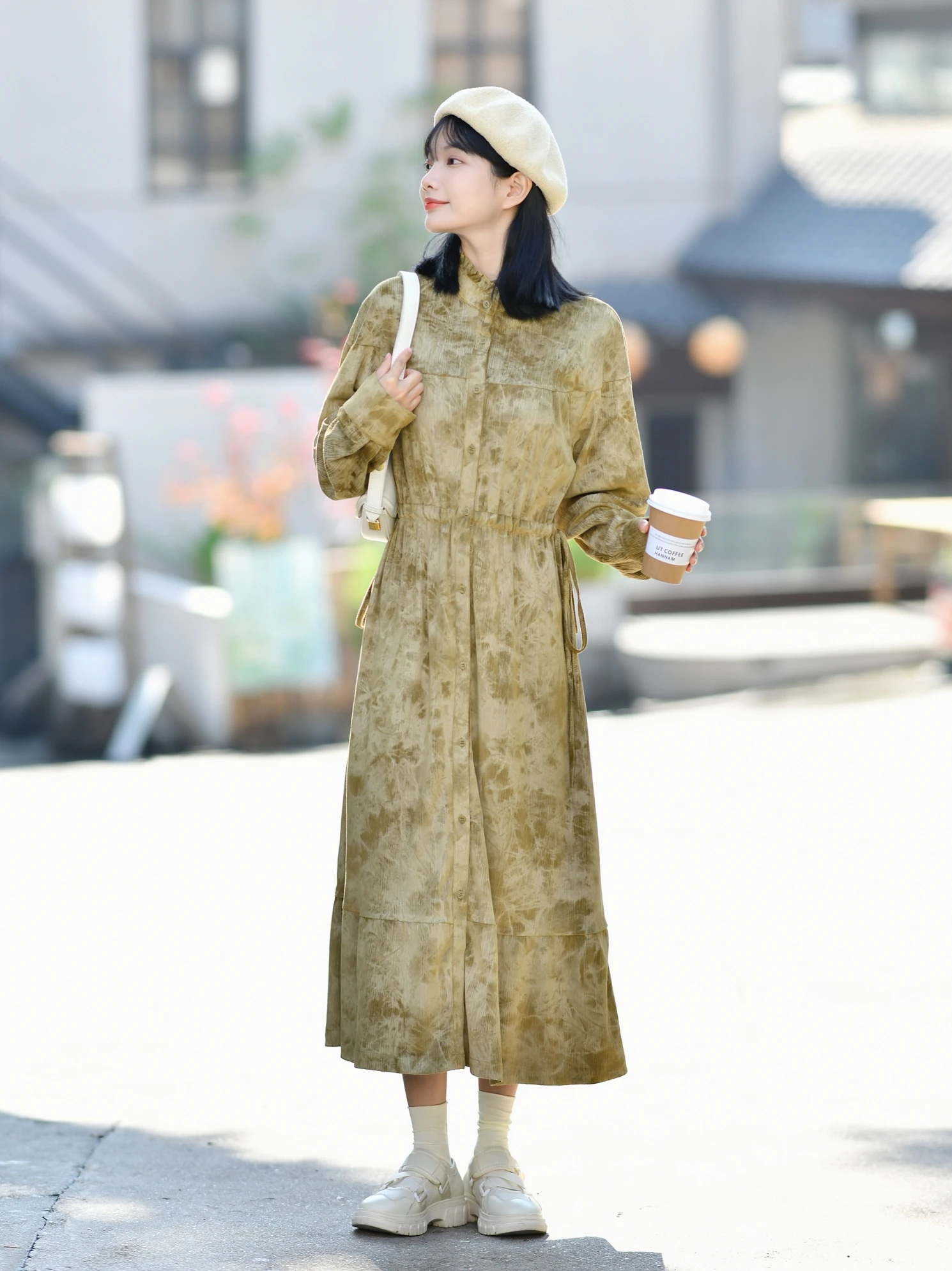 

Retro Tie Dye Long Dr Corduroy Women's Faion Autumn Layering Wooden Collar 2024 New Sle Casual Cotton Gown