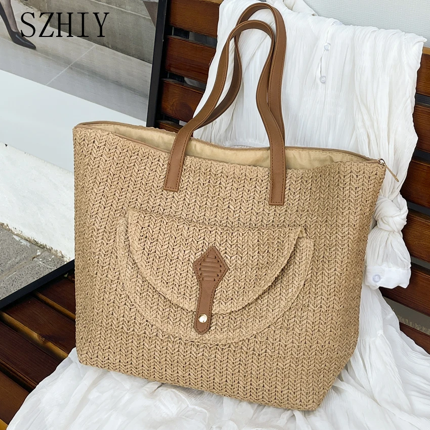 

Straw Woven Tote Bag for Women Large Capacity Shoulder Designer Summer Pocket Travel Beach New Shopper Bohemian Style Handbag