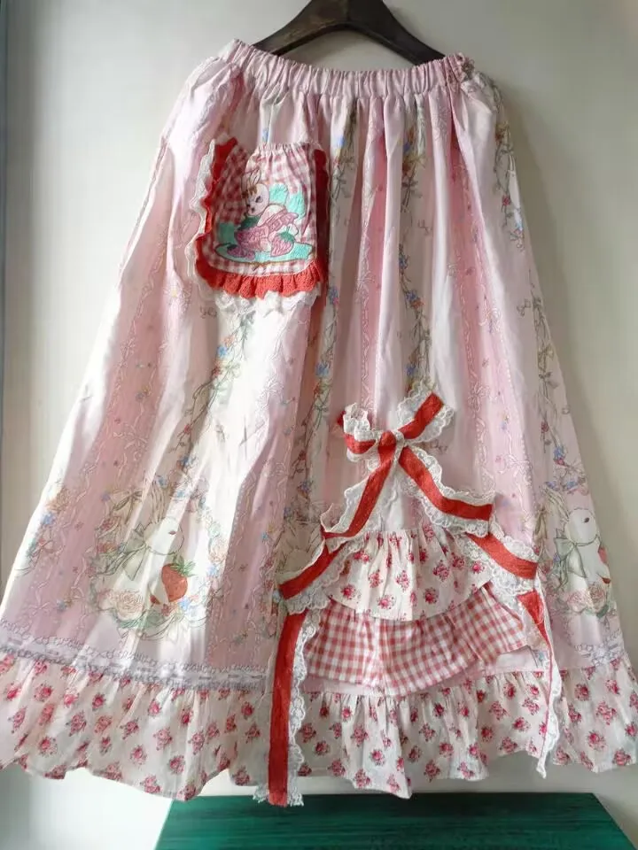 Spring Summer Mori Girl Sweet Lolita Long Skirt Women's Lace Splicing Elastic Waist Skirt Vintage Rabbit Embroidery Skirt
