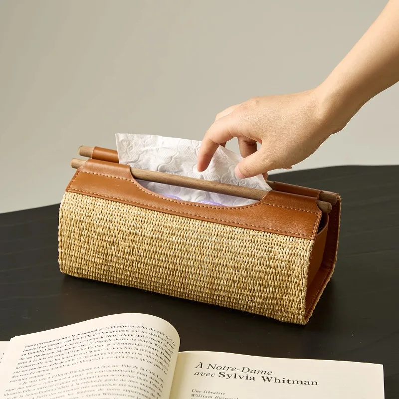 

Vintage Rattan Tissue Box Chic Tabletop Organizer Luxury Woven Paper Holder High-grade Modern Napkin Dispenser for Living Room