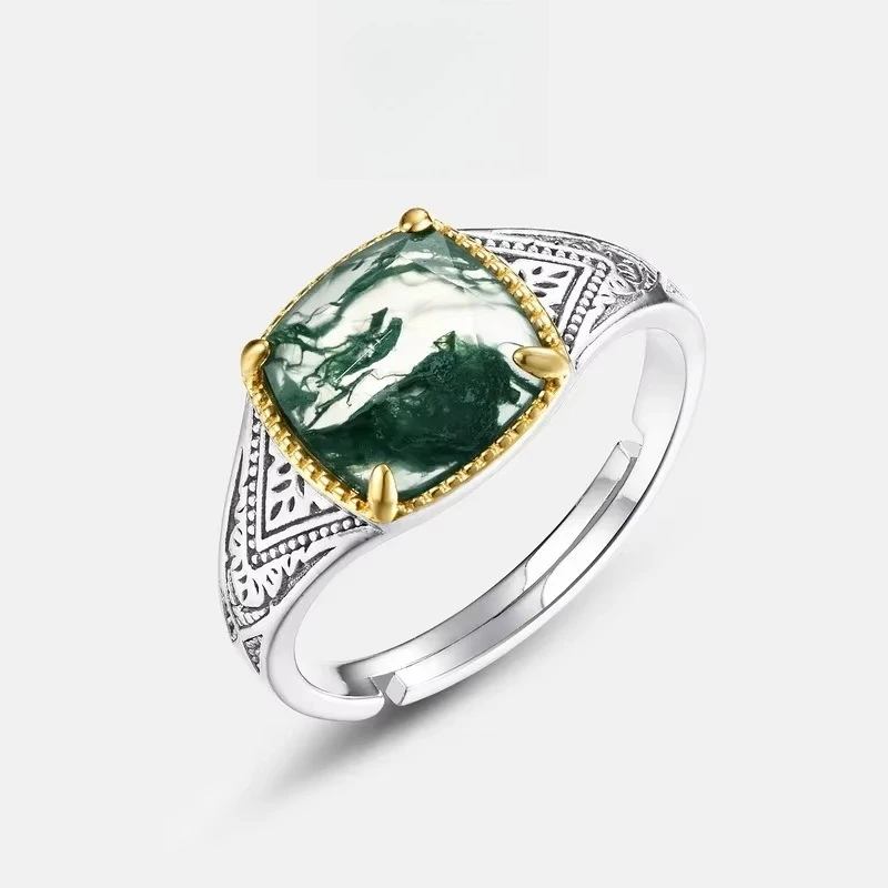 

Geometric Fashion Natural Agate Women's Ring S925 Silver Plated 18K Gold PT950 Platinum Green Moss Stone Ring