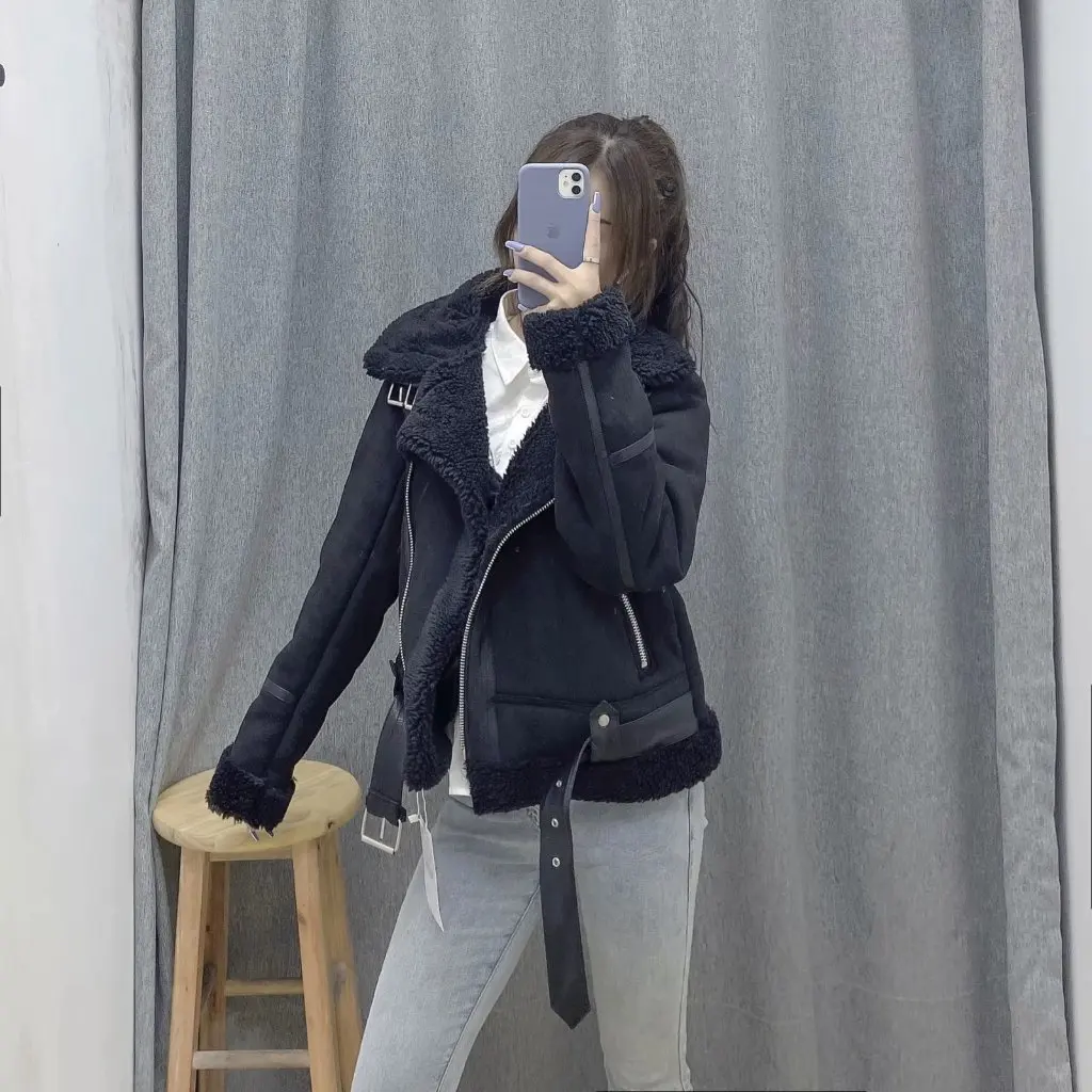 

European And American Women's Faux Fur Suede Jacket Coat with Thickened Lapel Belt Autumn Winter Fashion Outerwear