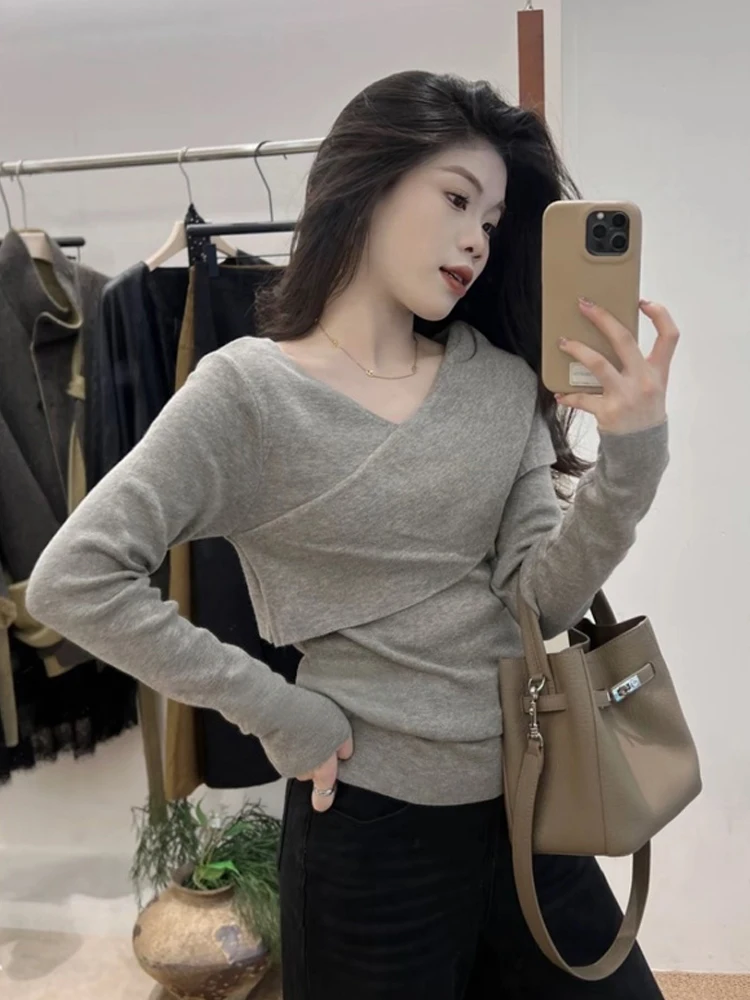 Koreanisches Sle Long Sve Cross Strickoberteil Damen Slim Fit Base Layer irt V-Ne Weich Bequem Alltagskleidung Faionable