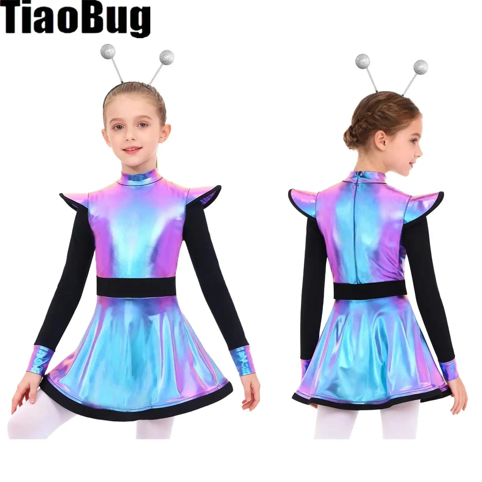 

Kids Girls Alien Metallic Role Play Sets Gloss Long Sleeve Zipper Built-In Shorts Dress And Matched Hair Hoop for Themed