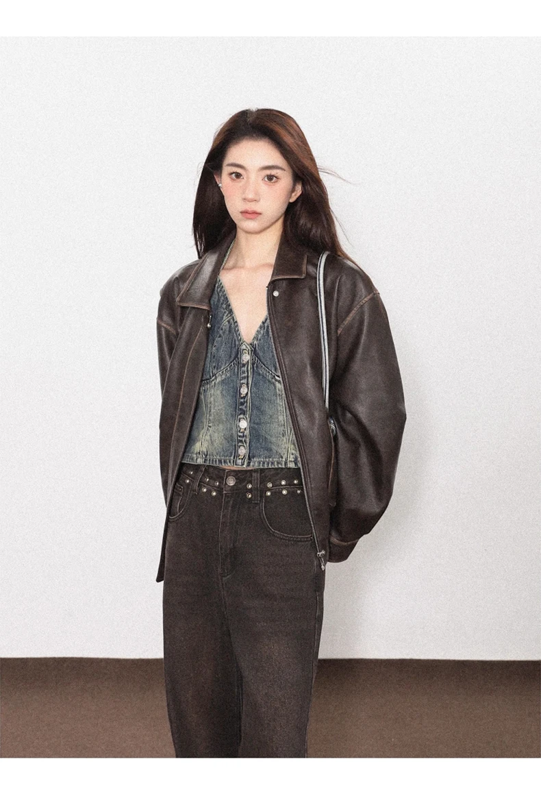 Lautaro Spring Autumn Cool Handsome Soft Vintage Distressed Brown Pu Leather Jacket Women Long Sleeve Luxury Designer Clothing