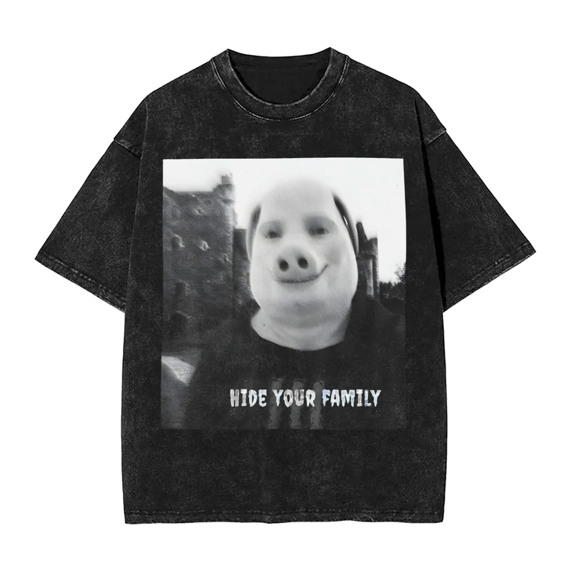 Harajuku Washed T-Shirt John Pork Hide Your Family Funny brainrot unhinged Meme Cotton T-Shirts Hippie Tshirt for Men