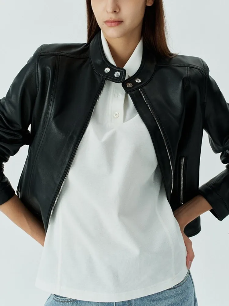 Retro Style Solid Color Zipper Genuine Leather Fashion Jacket Slim Sheepskin Pocket Long Sleeves Comfortable Female Outerwear