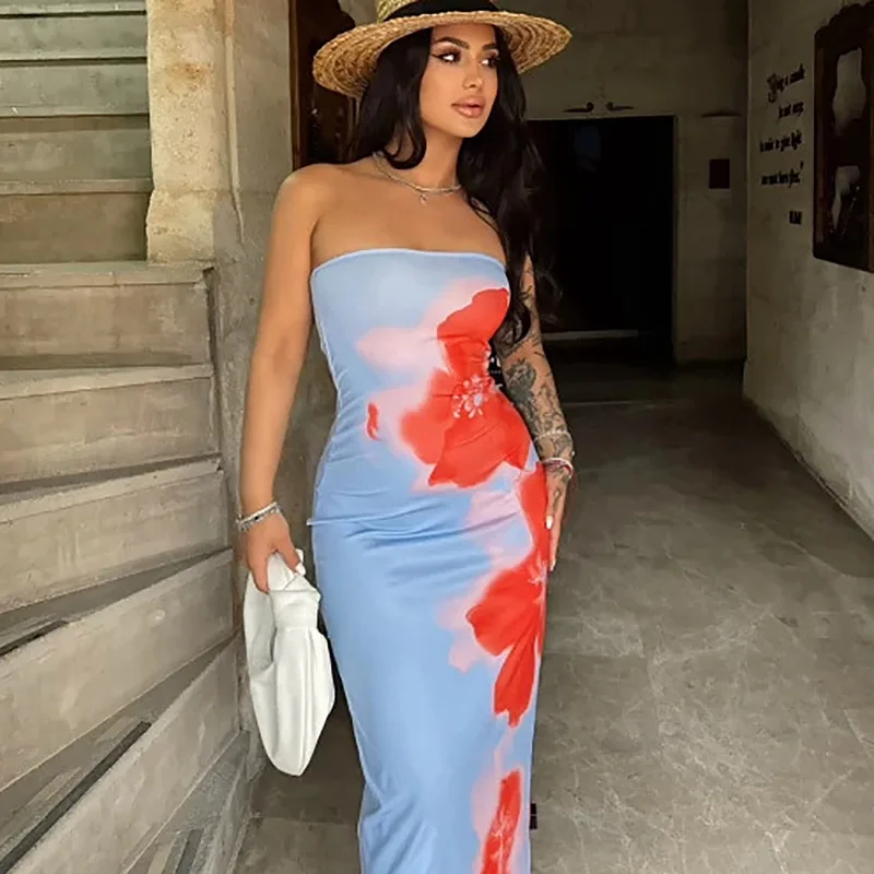 シックな花柄ストラップレスロングドレス女性エレガントなノースリーブバックスプリットミディドレスレディホリデーパーティービーチ背中の開いたローブ