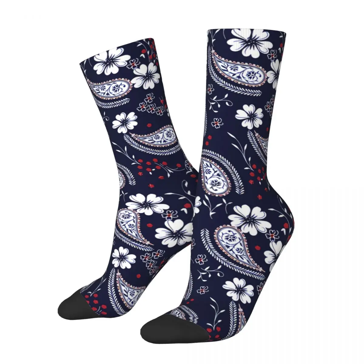 Crazy Sock for Men Paisley Pattern On Navy Design Hip Hop Vintage Paisley Style Seamless Pattern Printed Boys Crew Sock