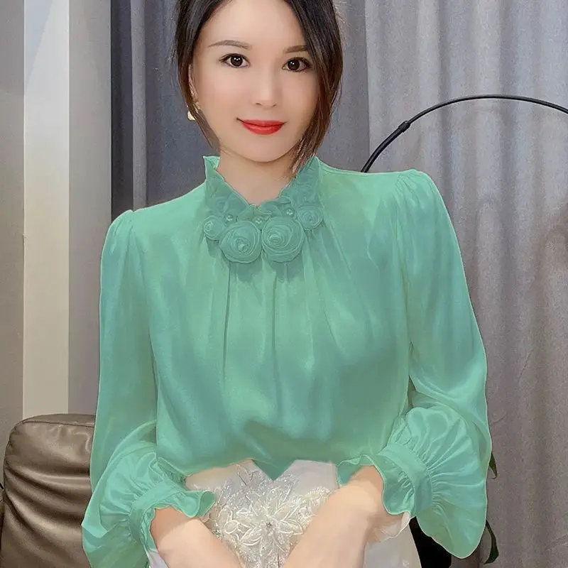 Elegant Ruffles Folds Beading Lantern Sleeve Blouse Female Clothing 2023 Spring Autumn New Casual Tops Office Lady Shirt