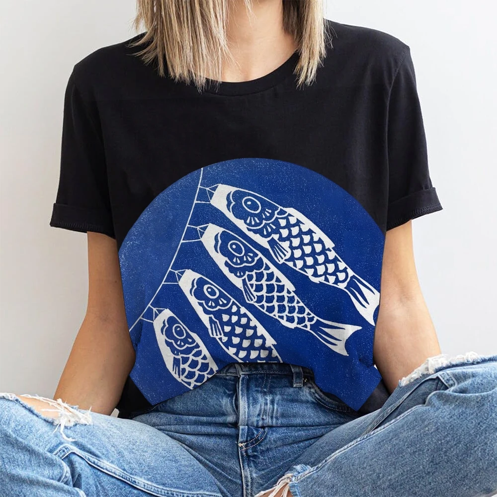 Fishes Cute Cartoon Pattern Quality Oversized Acid Washed Y2K T Shirt Men Vintage T-shirts Streetwear Mineral Wash Tee Shirts