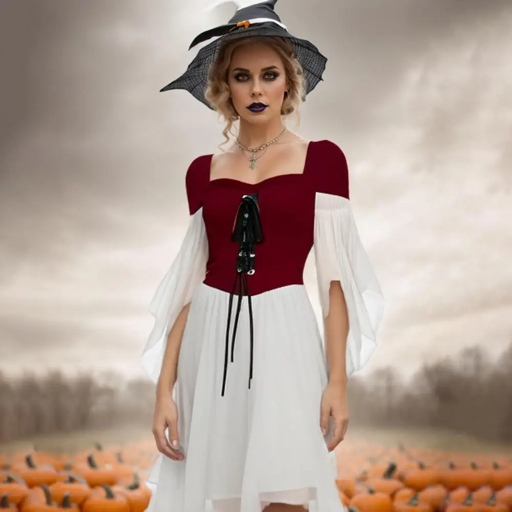 Traje de Halloween para mulheres Vestido manga morcego Vestido de bruxa Plus Size Manga de ombro Vestido de coquetel para festas de dança Suave