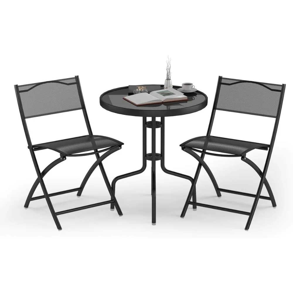 3 Pcs Bistro Set Garden Backyard Round Table Folding Chairs, with Rust-Proof Steel Frames & Reinforced Glass Design Outdoor