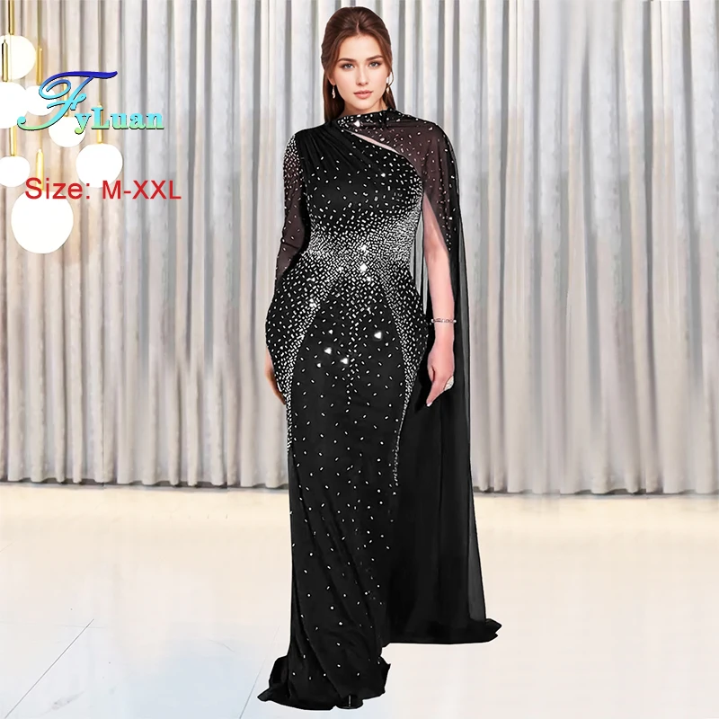 แฟชั่นผู้หญิงชุดเซ็กซี่สีทึบ SHEER ตาข่ายแขนยาวไหล่เอียง Rhinestone Decor Mermaid ชั้นความยาวชุดปาร์ตี้