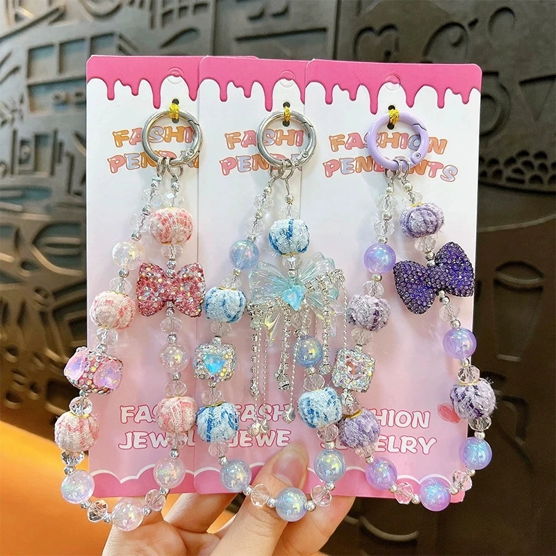 Korean Crsytal Bownet Beaded Keychain Phone Charm Chain Strap Pendant For Phone Accessories Bag Hanging Cord Gift