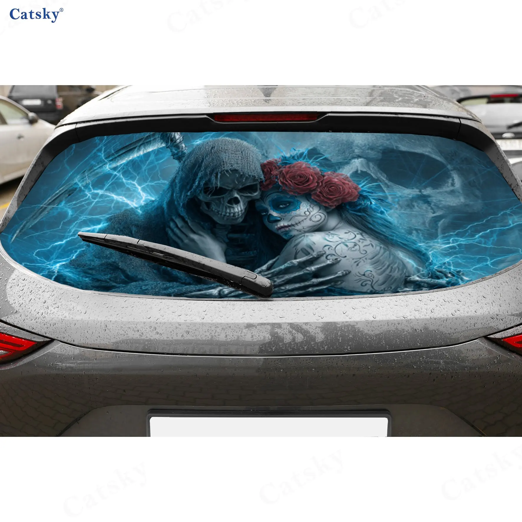 Dark Grim Reaper & Sugar Skull Girl PVC Perforated Car Vinyl Wraps, Durable Car Windshield Sticker, Waterproof Car Window Decal