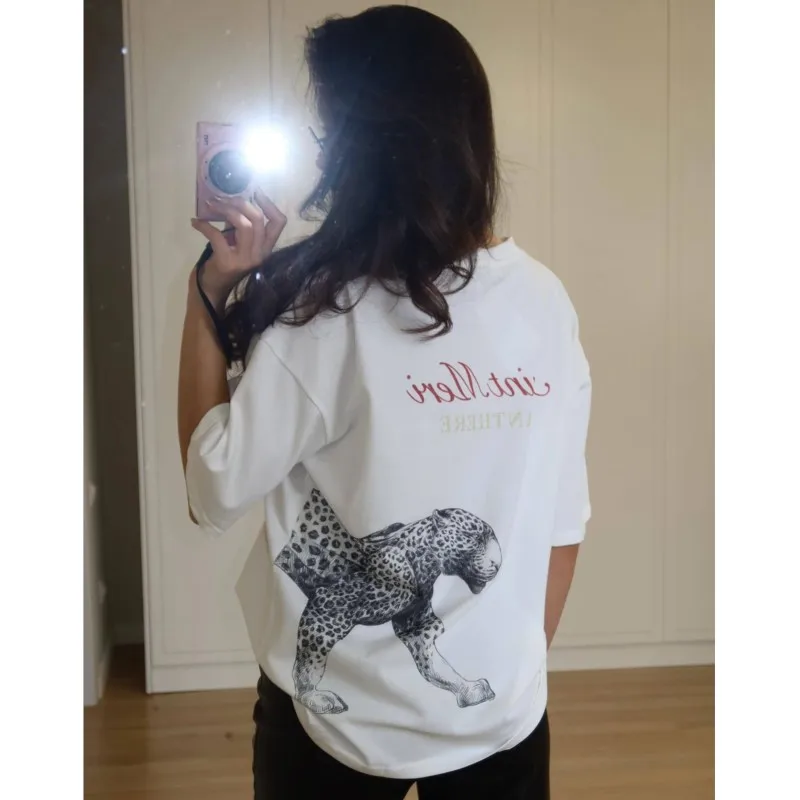 

Fashion Cotton Women's T-shirts Printed Words Cheetah Loose And Slimming Design Popular Internet Celebrity Clothes For Women