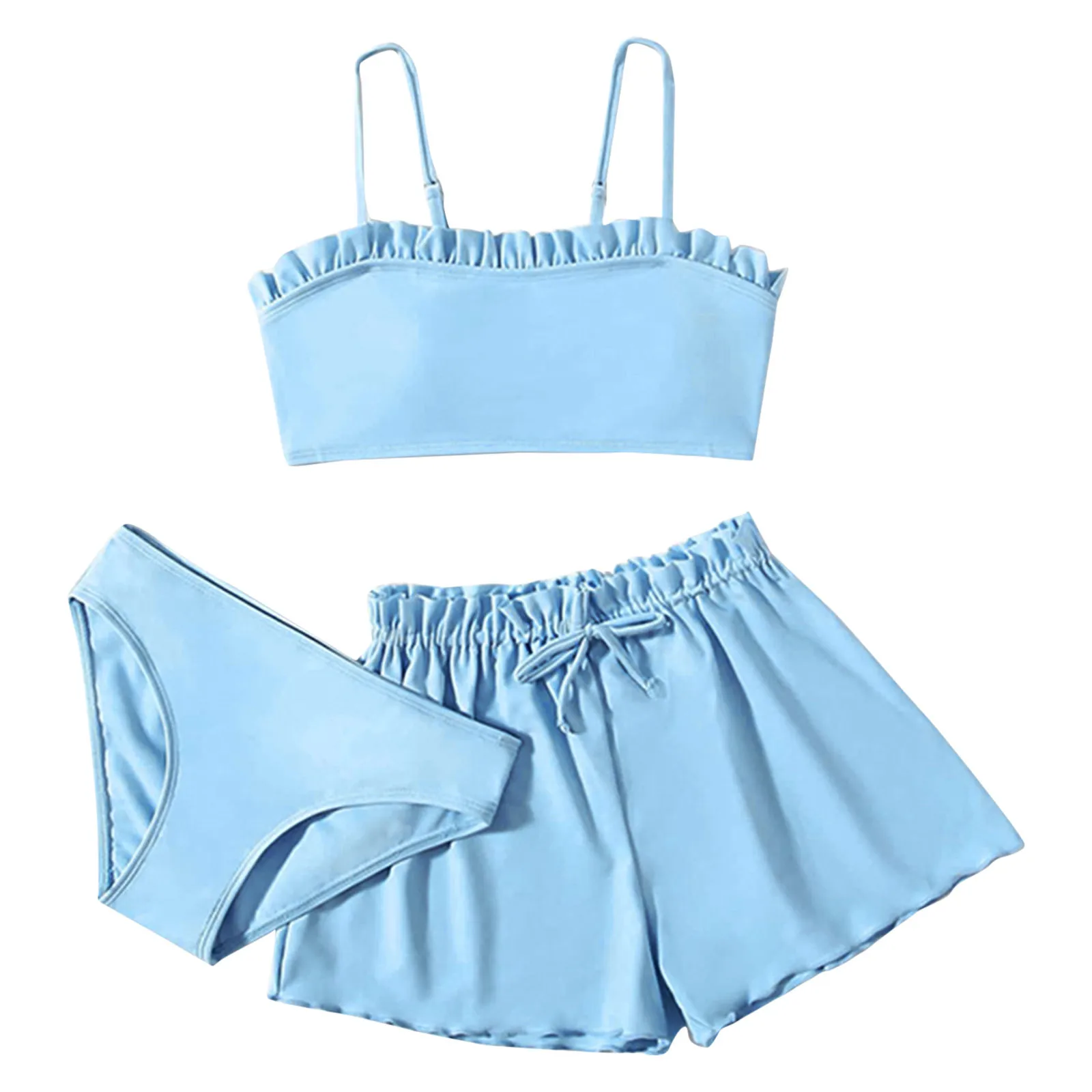 3pcs/set Kids Child Solid Blue Black Bikini Tops Underpants Ruffles Skirt Girls Swimsuits Bathing Suit Swimwear For Teens Small