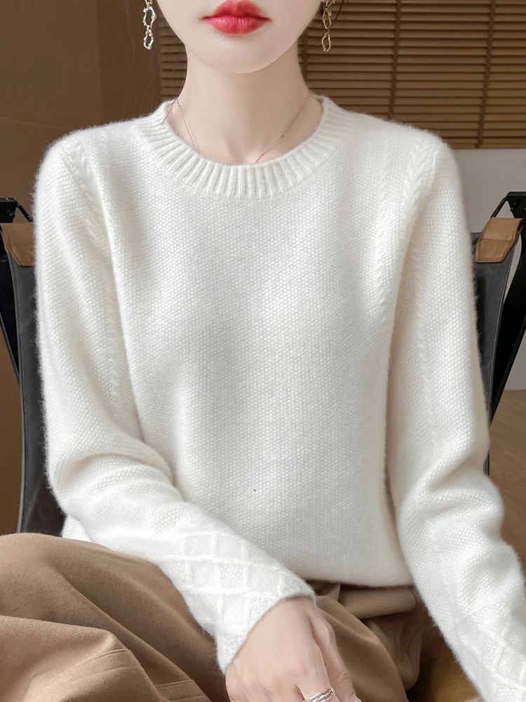 Thick Women's Casual Elegant Pullover O-Neck 100% Merino Wool Knitted Sweater Autumn Winter Warm Solid Cable Stitch Clothing Top