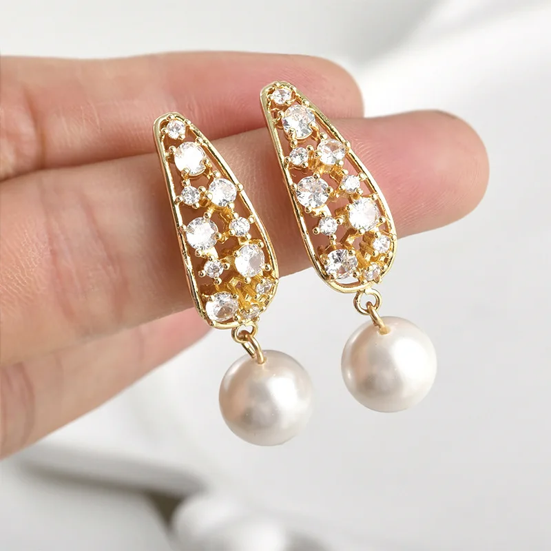 14k Real Gold Color-retaining Zircon Curved Surface Hollow Long Water Drop with Hanging Stud Earrings DIY Earrings Accessories