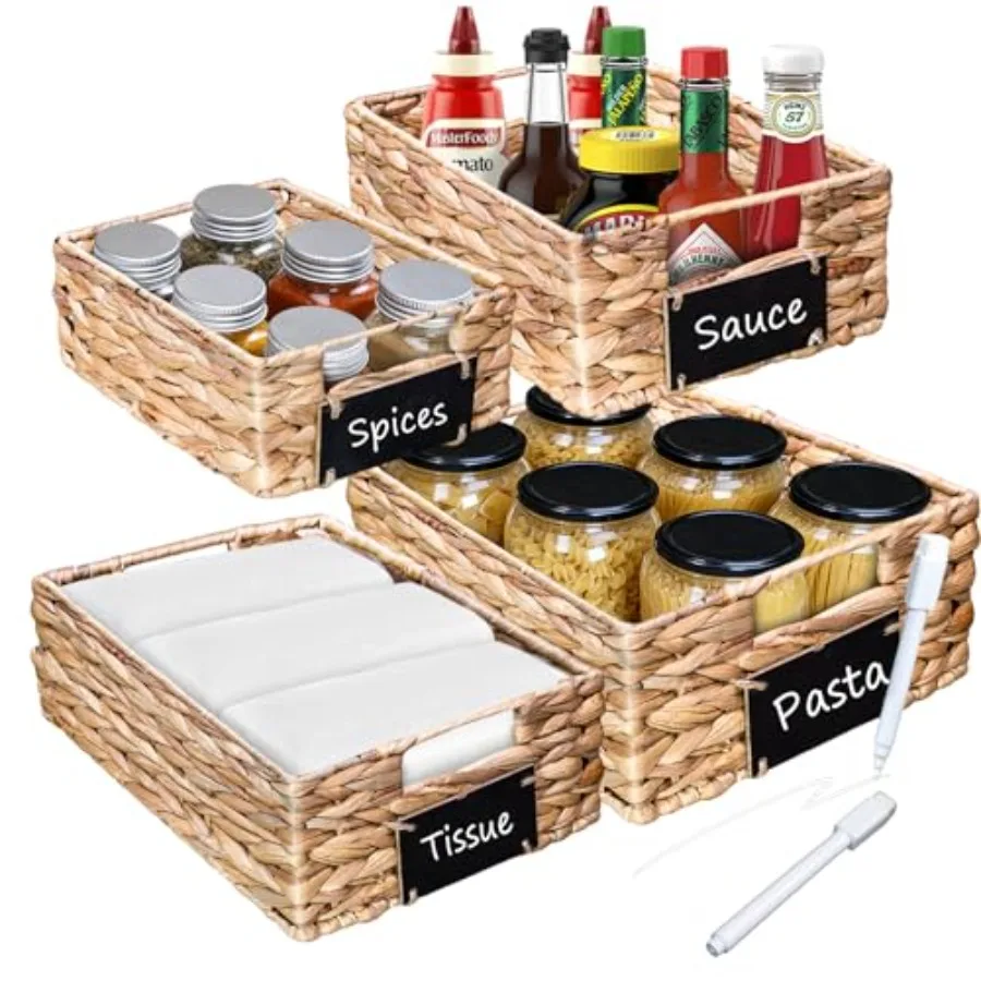 

Set of 4 Sizes Hand-Woven Pantry Shelf Baskets, Hyacinth Storage Baskets with Chalkboard Labels and 2 Chalk Markers, Wicker Nes