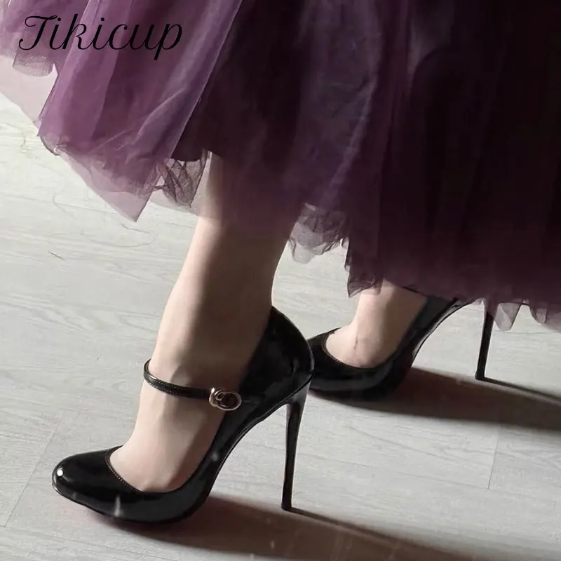 Tikicup New 12cm/10cm Sexy High Heels Women Black Ankle Strap Round Toe Stiletto Pumps Elegant Ladies Dress OL Working Shoes