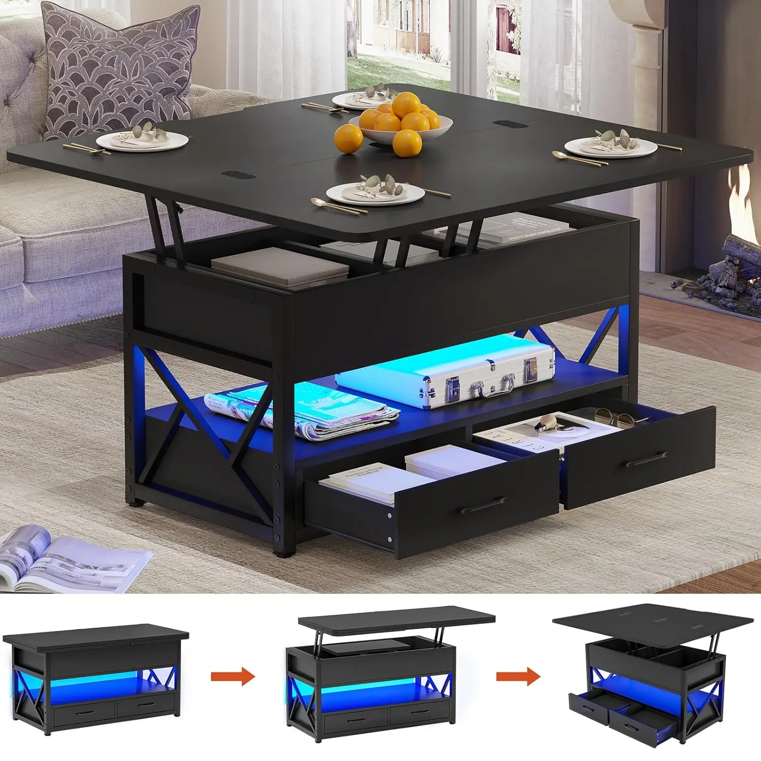 

40" Lift Top Coffee Table, 4 In 1 Coffee Tables With Storage For Living Room, Small Farmhouse Coffee Table With 2 D