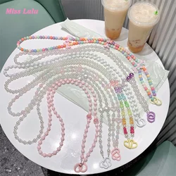 Cute Heart Love Beads Hanging Long Chain Phone Strap Colorful Bowknot Lanyard Woman Girl Bag Camera Pendant for Airpods Cases