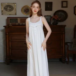 Women Sexy Spaghetti Strap Cotton Nightdress French Style Square Collar Casual Nightgown Mid-Calf Long Summer Nightie Sleepwear