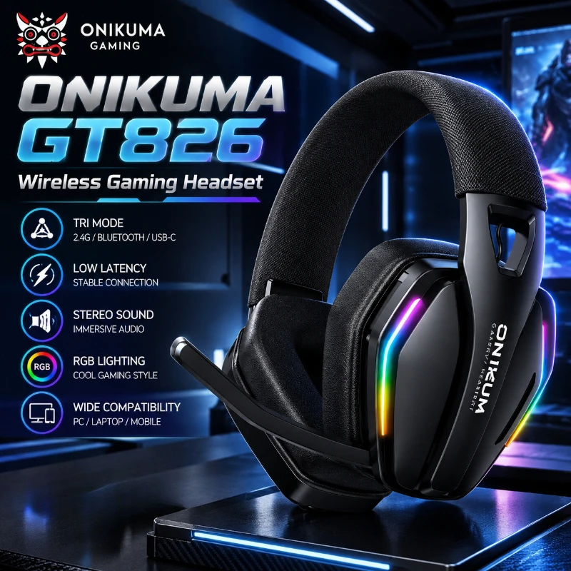 ONIKUMA GT826 Wireless Gaming Headset Tri Mode Bluetooth 5.4 2.4G USB C Low Latency RGB Stereo Sound For PC Laptop Gamer Mic