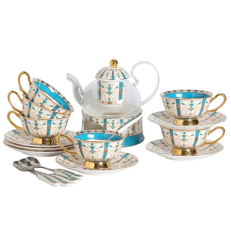 

European bone china flower tea set candle heating glass pot English flower tea cup set