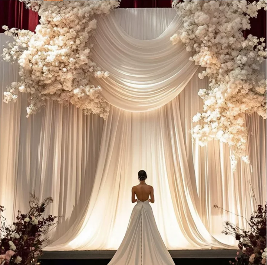 60 m lange Hochzeitsbühnendekoration, neuer Hintergrund, transparente Vorhänge aus elastischem Milchseidenstoff – Detail 5
