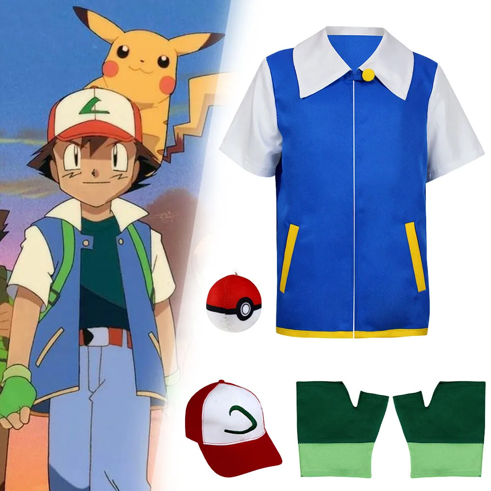 애니메이션 성인 Ash Ketchum 트레이너 블루 자켓 의상 P-PokemonING Go 블루 자켓 모자 장갑 소년 소녀 코스프레 파티