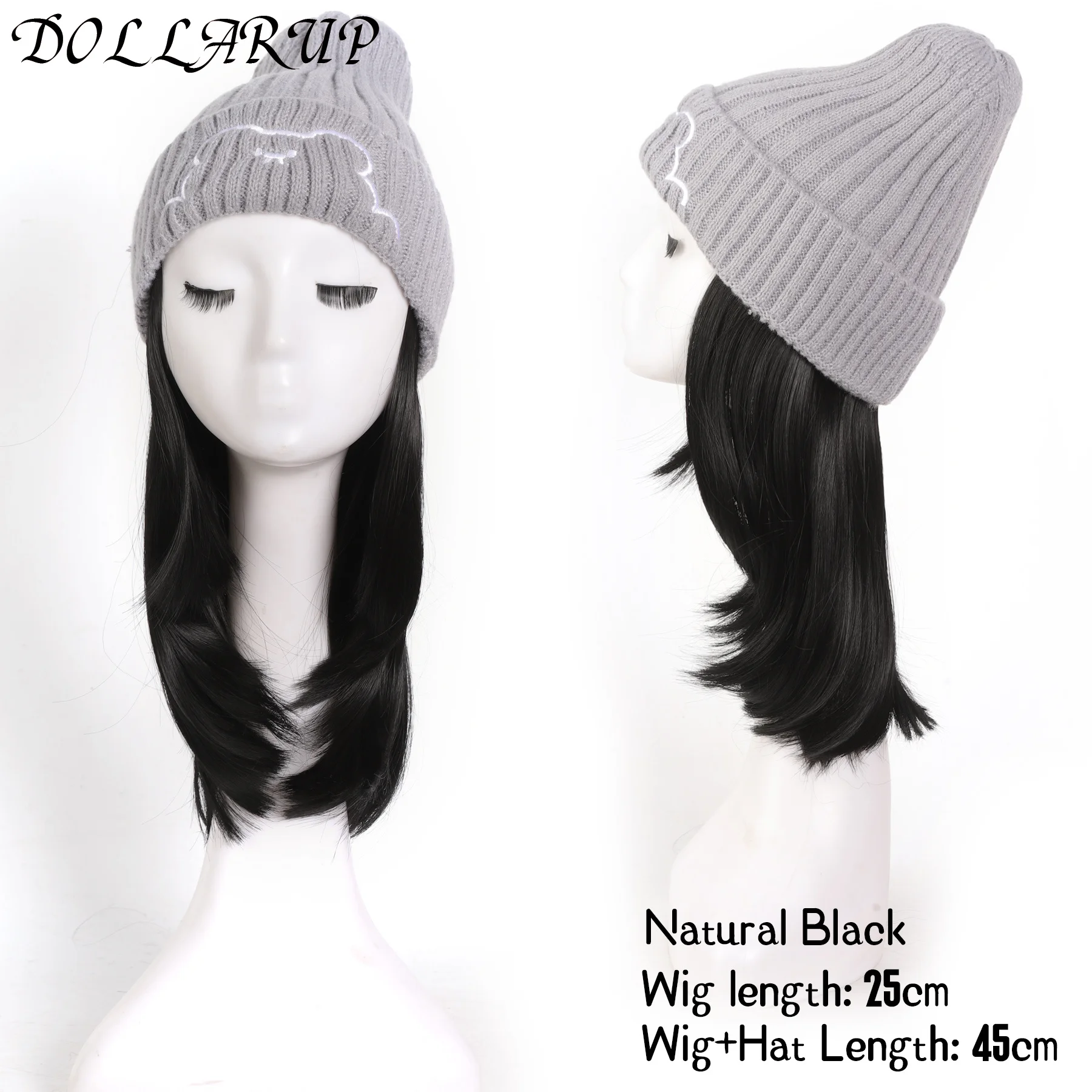 DOLLARUP Beanie Hat Synthetic Short Wig Hat with Hair Extension Natural Hair Color Black Brown Wigs for Women Wool Product