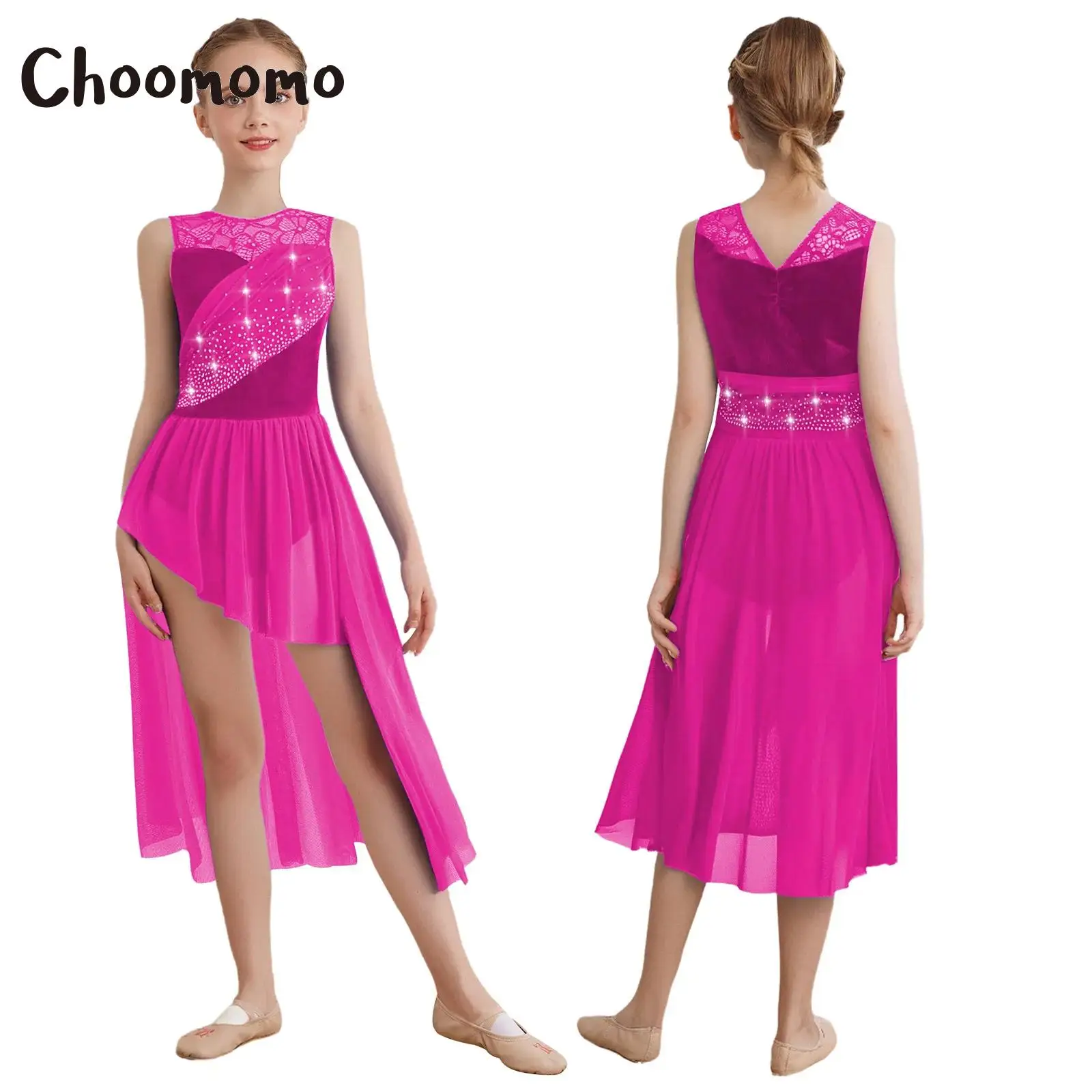 

Kids Girls Lyrical Dance Dress Ballerina Performance Costume Lace Patchwork Ruched Mesh and Sparkly Rhinestone Stage Performance