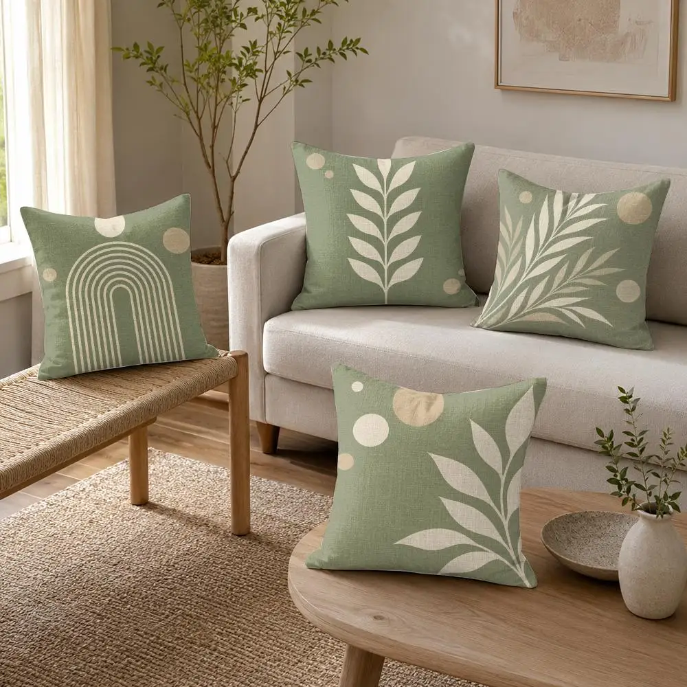 Sage Botanical Arches Cushion Cover Organic Linen Throw Pillow Cover - Double-Sided Print Breathable Cushion Case Home Decor