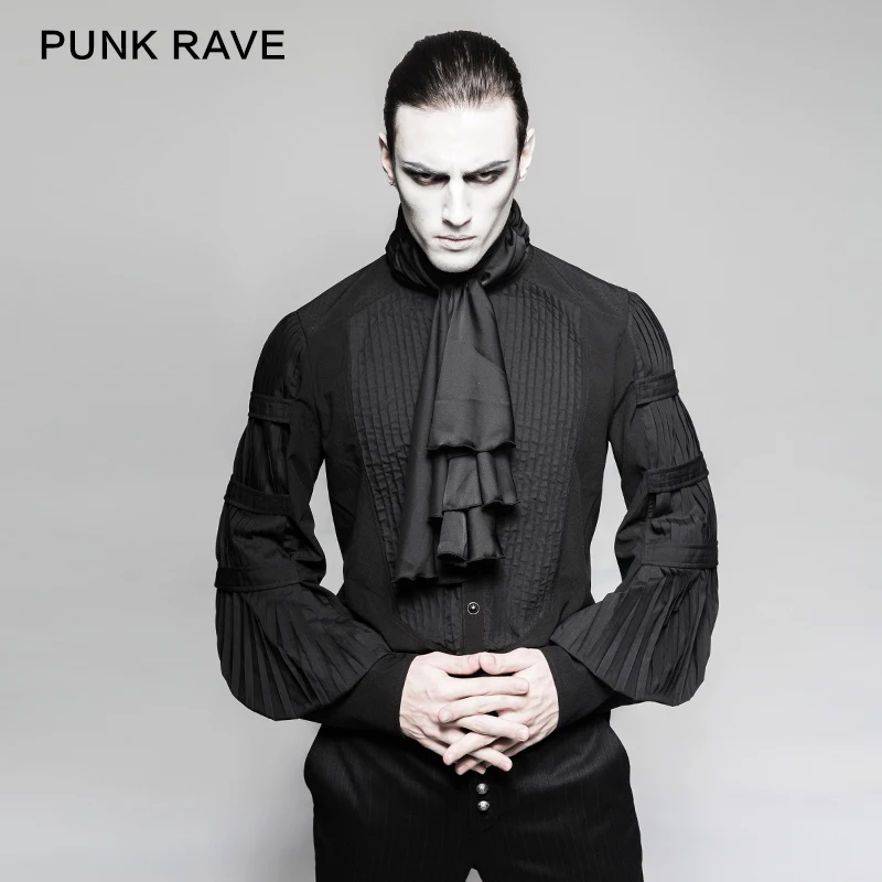 PUNK RAVE Men's Victorian Gothic Shirt, Black Jabot Collar Puff Sleeve Steampunk Formal Blouse Y752