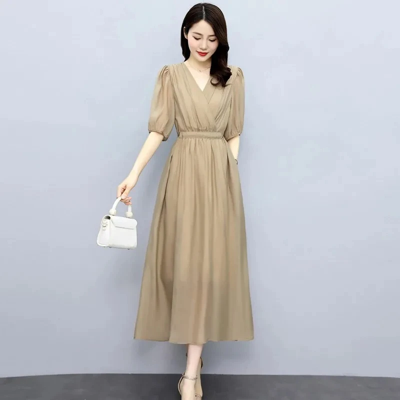 

2024 Female New Tied Up Waist For Slimming Effect Mid Length Skirt Women Temperament Self Cultivation V-neck Medium Length Dress