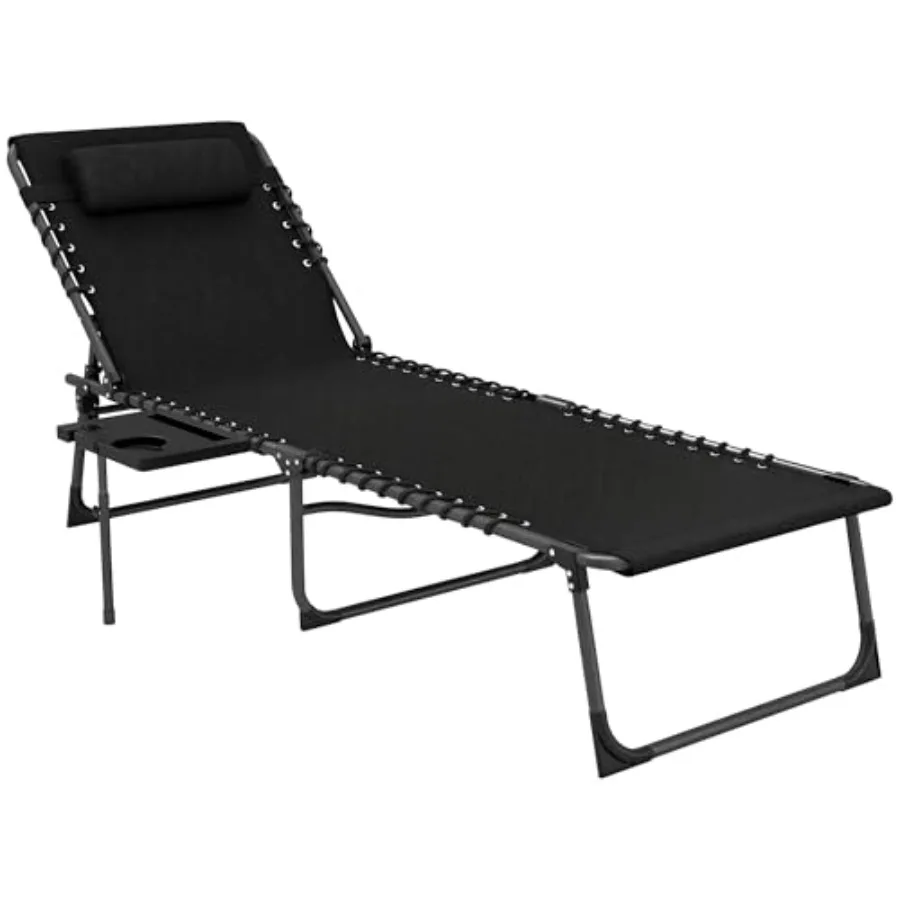 

Folding Chaise Lounge Chair Outdoor Tanning Chair with Side Table 5-Level Adjustable Beach Lounge Chair with Headrest Side Pock